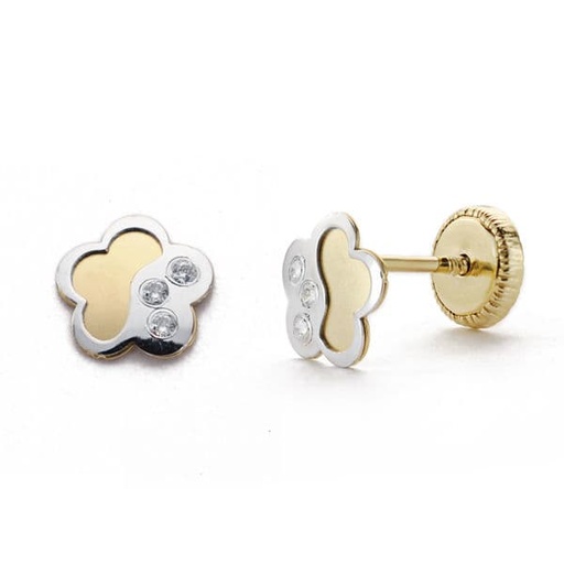 [P18373] 18K PENDIENTES ORO BICOLOR FLOR CIRCONITAS 6 MM