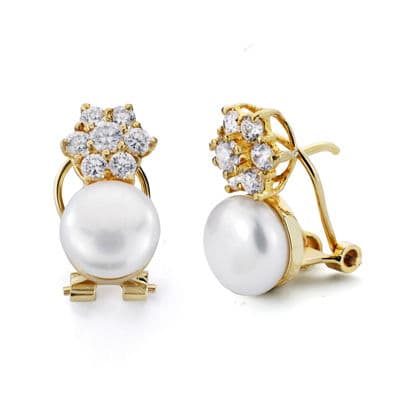 [P18383] 18K PENDIENTES PERLA Y CIRCONITAS OMEGA15X8 MM