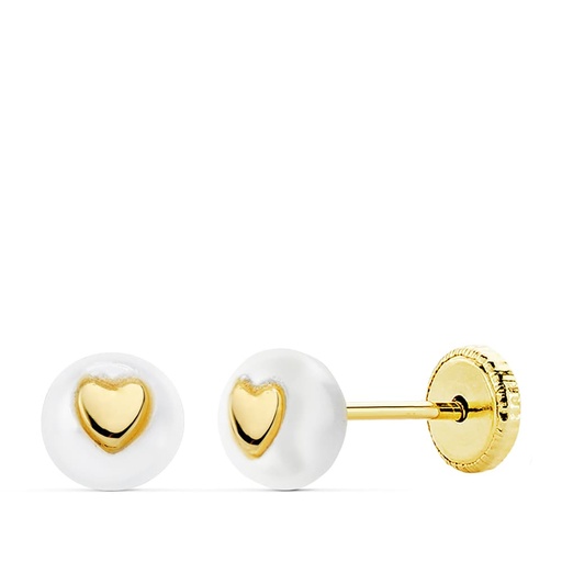 [P18389] 18K PENDIENTES ORO AMARILLO PERLA Y CORAZON ROSCA 5 MM