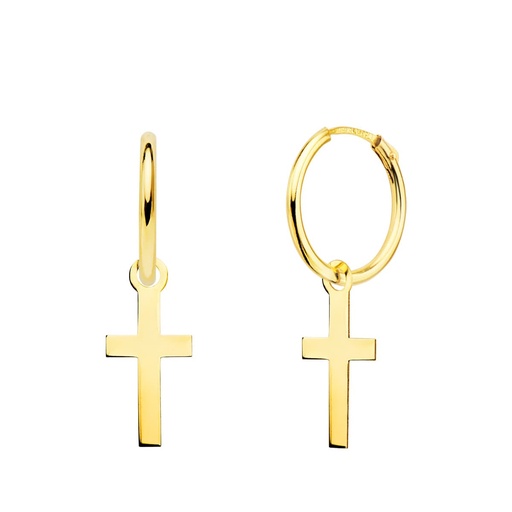 [P18403-CR] 18K AROS ORO AMARILLO TUBO CON CRUZ LISA 12X6 MM ARO 12X1.5 MM