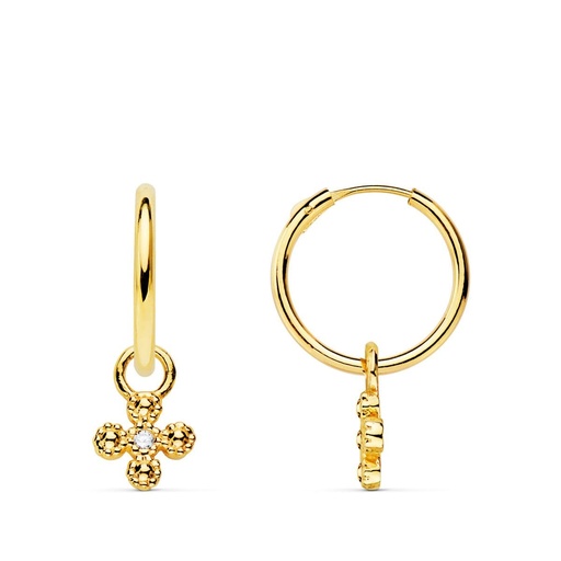 [P18403-CR1CI] 18K AROS TUBO REDONDO ORO AMARILLO 11X1.20 MM Y COLGANTE CRUZ CON CIRCONITA
