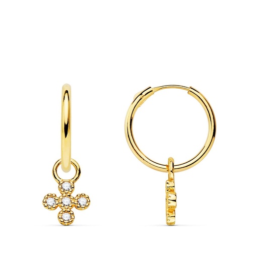 [P18403-CR5CI] 18K AROS TUBO REDONDO ORO AMARILLO 11X1.20 MM Y COLGANTE CRUZ CON CIRCONITAS