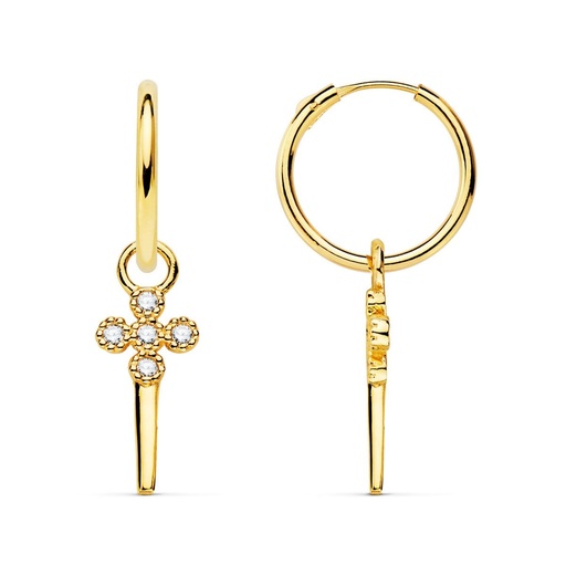 [P18403-CRP] 18K AROS TUBO REDONDO ORO AMARILLO 11X1.20 MM Y COLGANTE CRUZ CON PUÑAL