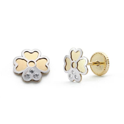 [P18459] 18K PENDIENTES ORO BICOLOR TREBOL. 6 MM