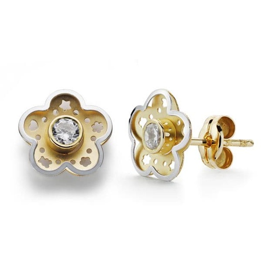 [P18476] 18K PENDIENTES ORO BICOLOR FLOR CIRCONITA 8 MM
