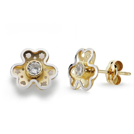 [P18477] 18K PENDIENTES ORO BICOLOR TREBOL CIRCONITA 9X8 MM