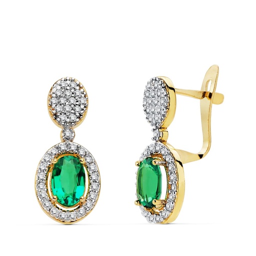 [P18504-ES] 18K PENDIENTES ORO BICOLOR ESMERALDAS 6X4 MM 0.98  QTS. Y CIRCONITAS 18X8 MM