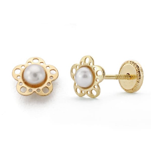[P18507] 18K PENDIENTES ORO AMARILLO NIÑA FLOR PERLITA ROSCA