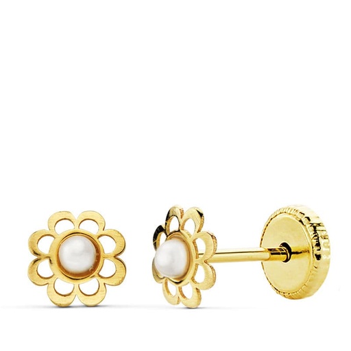[P18510] 18K PENDIENTES ORO AMARILLO FLOR 5 MM PERLITA 2 MM ROSCA