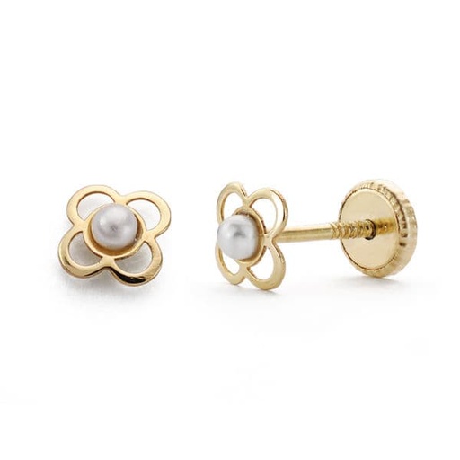 [P18511] 18K PENDIENTES ORO AMARILLO TREBOL 5 MM PERLA 2 MMROSCA