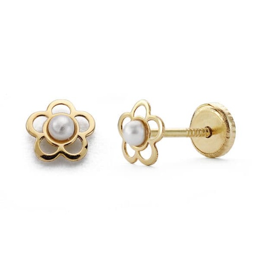 [P18512] 18K PENDIENTES ORO AMARILLO FLOR 5 MM PERLA 2 MM ROSCA