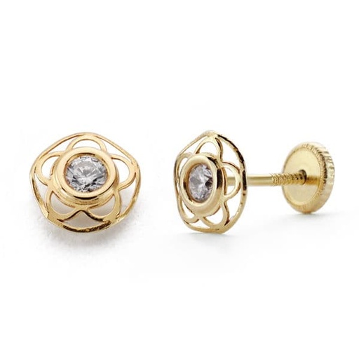 [P18515] 18K PENDIENTES ORO AMARILLO NIÑA FLOR CIRCONITA ROSCA