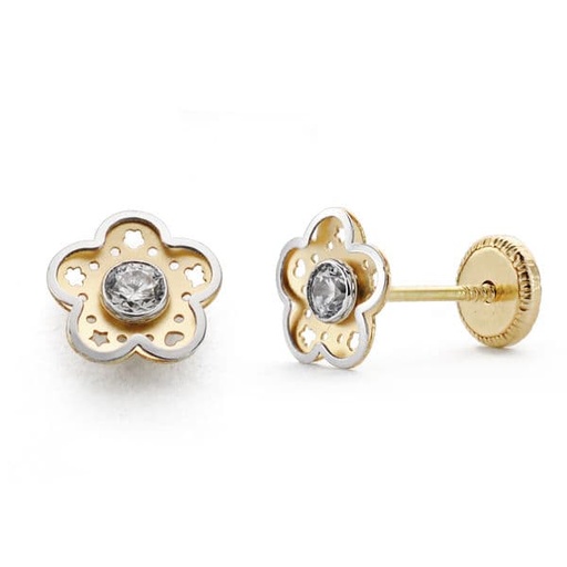 [P18522] 18K PENDIENTES BICOLOR FLOR CIRCONITA 7 MM