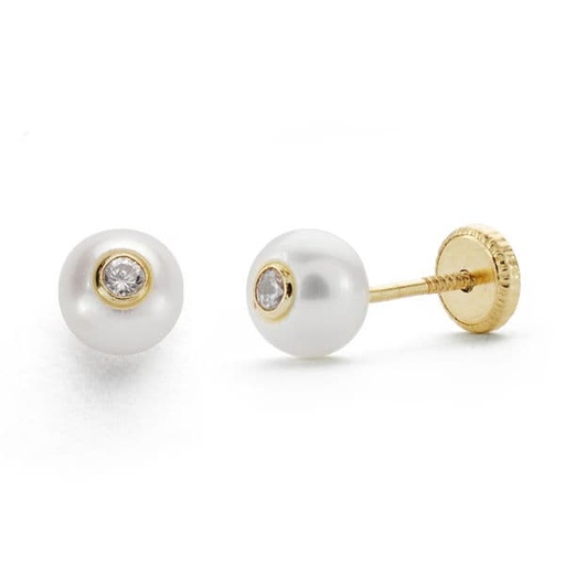 [P18524] 18K PENDIENTES PERLA Y CIRCONITA 5 MM ROSCA