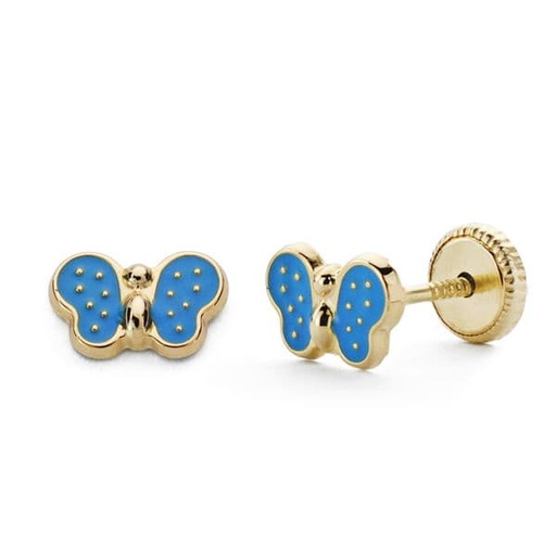 [P18529-AZ] 18K PENDIENTES ORO AMARILLO MARIPOSA ESMALTE AZUL. 7X5 MM