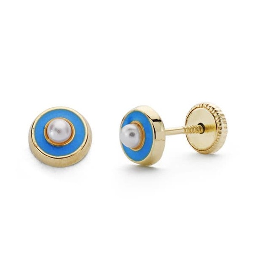 [P18532-AZ] 18K PENDIENTES ORO AMARILLO PERLA Y ESMALTE AZUL 5 MM
