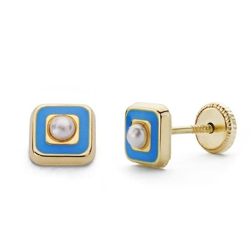 [P18533-AZ] 18K PENDIENTES ORO AMARILLO PERLA Y ESMALTE AZUL 5 MM