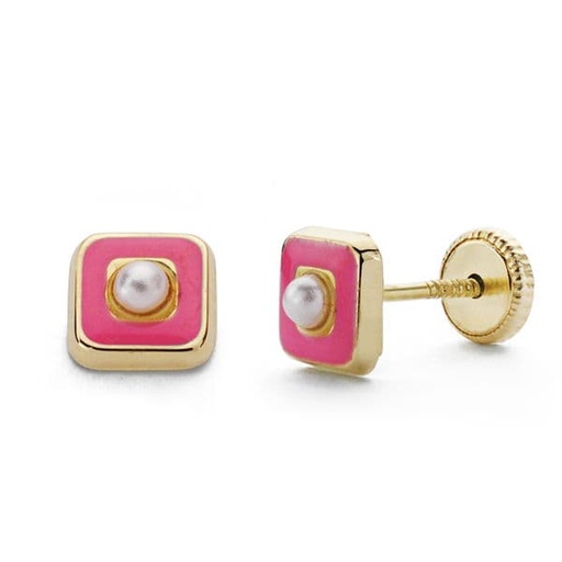 [P18533-RO] 18K PENDIENTES ORO AMARILLO PERLAS ESMALTE ROSA 5 MM