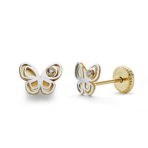 [P18556] 18K PENDIENTES ORO BICOLOR MARIPOSA CIRCONITAS 5X6 MM