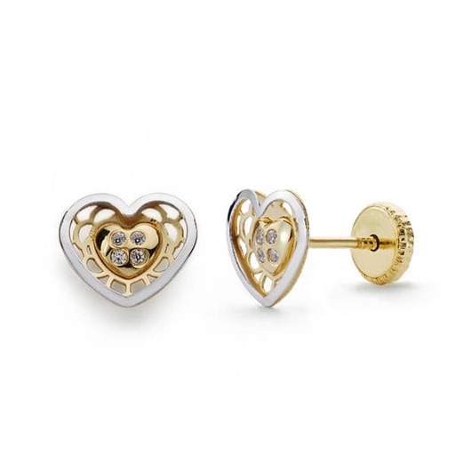 [P18563] 18K PENDIENTES ORO BICOLOR CORAZON CIRCONITAS 6X7 MM