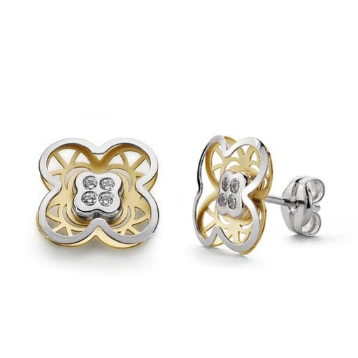 [P18581] 18K PENDIENTES ORO BICOLOR TREBOL CIRCONITAS 9 MM