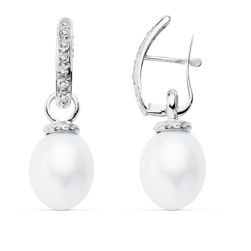 [P18602] 18K PENDIENTES ORO BLANCO PERLA 30X10 MM