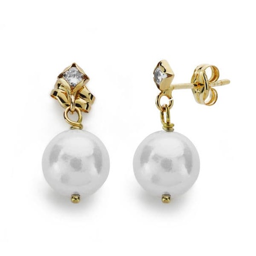 [P18608] 18K PENDIENTES LARGOS ORO AMARILLO PERLA CIRCONITA 17X8 MM