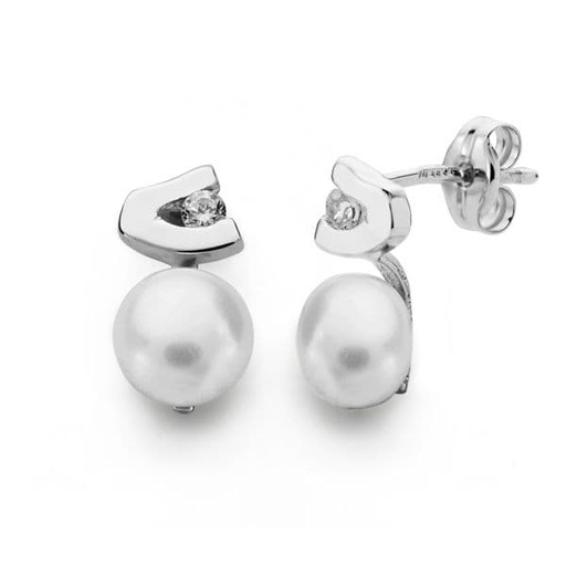 [P18622] 18K PENDIENTES ORO BLANCO PERLA CIRCONITA 11X6 MM