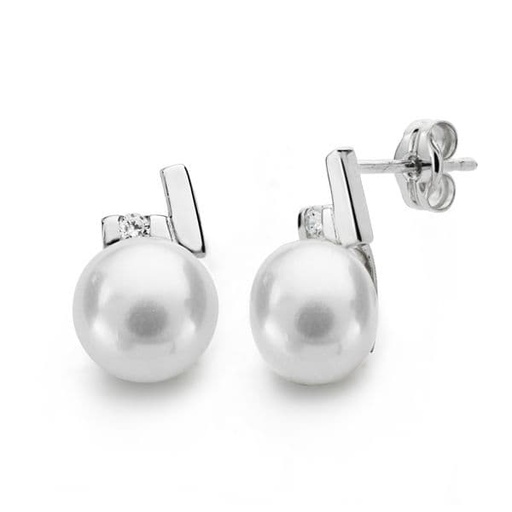 [P18623] 18K PENDIENTES ORO BLANCO PERLA CIRCONITA 12X8 MM