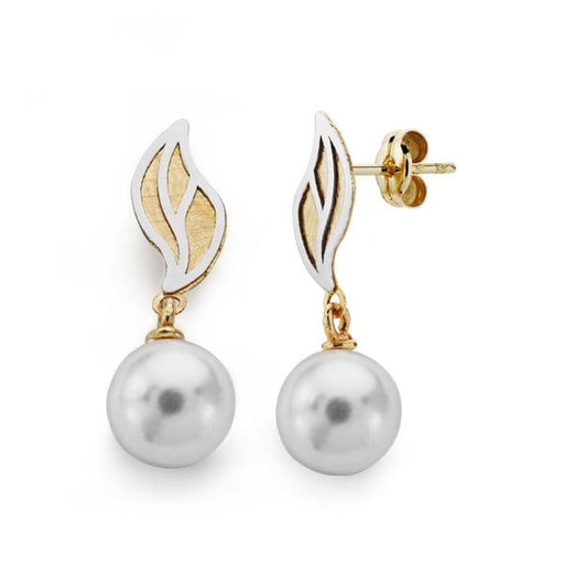 [P18626] 18K PENDIENTES BICOLOR PERLA 22X8 MM
