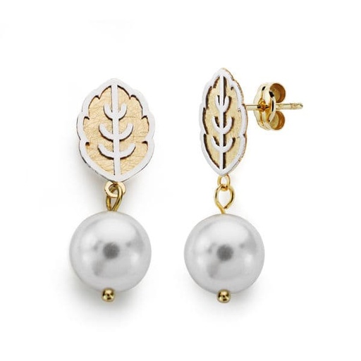 [P18627] 18K PENDIENTES BICOLOR PERLA 25X8 MM