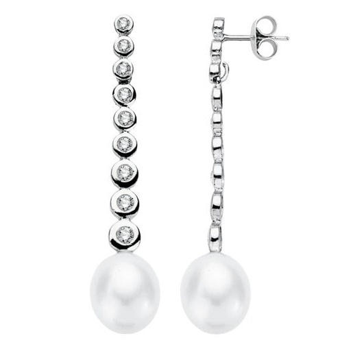 [P18637] 18K PENDIENTES ORO BLANCO PERLA 40X8 MM