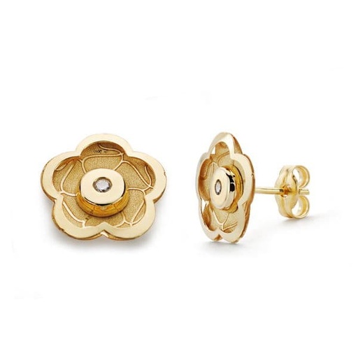 [P18653] 18K PENDIENTES ORO AMARILLO FLOR CIRCONITAS 10X10 MM