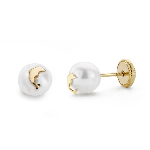 [P18666] 18K PENDIENTES ORO AMARILLO PERLA Y DELFIN 6 MM ROSCA