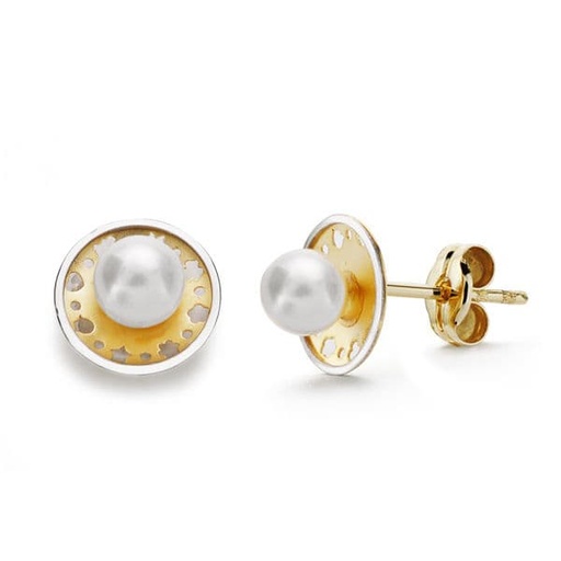 [P18668] 18K PENDIENTES ORO BICOLOR REDONDOS Y PERLA 8 MM PRESION