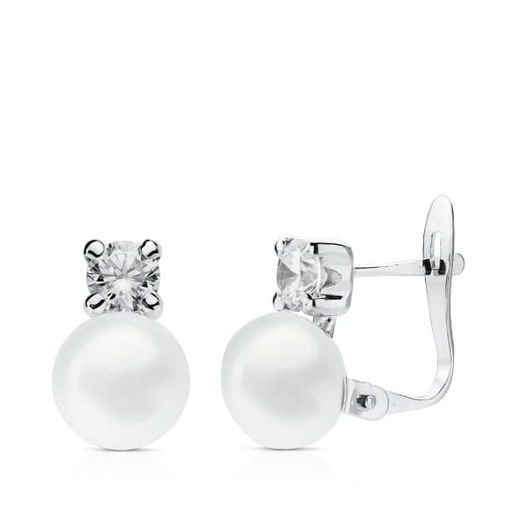 [P18721-OB] 18K PENDIENTES ORO BLANCO PERLA Y CIRCONITA ORO BLANCO 11X6.5 MM