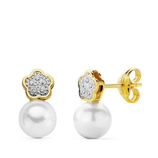 [P18736] 18K PENDIENTES COMUNION FLOR PERLA 12X6 MM