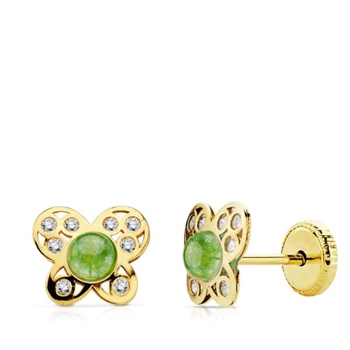 [P18757-VE] 18K PENDIENTES ORO AMARILLO MARIPOSA PIEDRAVERDE Y CIRCONITAROSCA