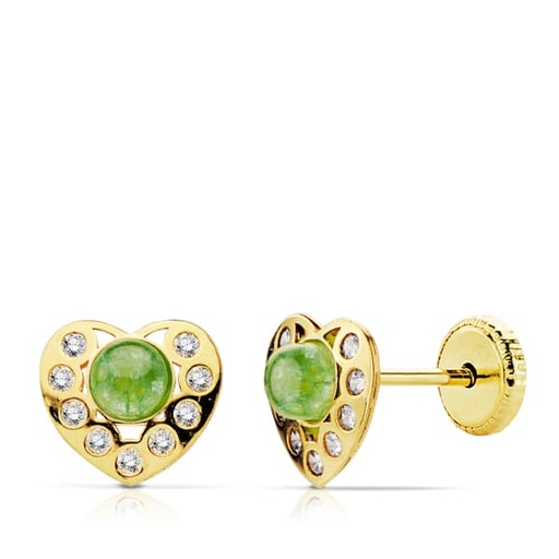 [P18759-VE] 18K PENDIENTES ORO AMARILLO CORAZON PIEDRA VERDE Y CIRCONITAS ROSCA