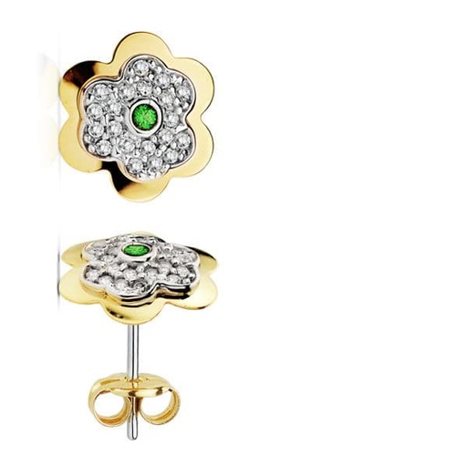 [P18760-ES] 18K PENDIENTES ORO AMARILLO FLOR 6 HOJAS ESMERALDA CIRCONITAS 6 MM