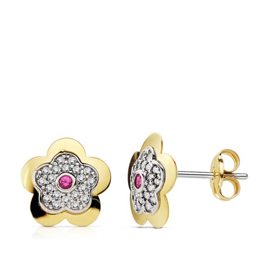 [P18761-RU] 18K PENDIENTES ORO AMARILLO FLOR COLOR RUBI CIRCONITAS