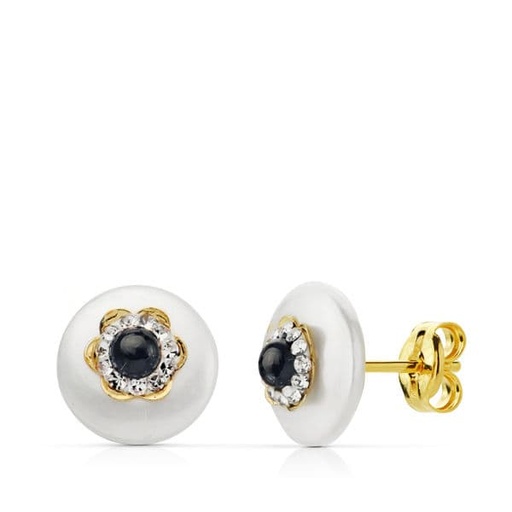 [P18778-AZ] 18K PENDIENTES ORO AMARILLO NACAR 9 MM PIEDRA AZUL 3 MM PRESION