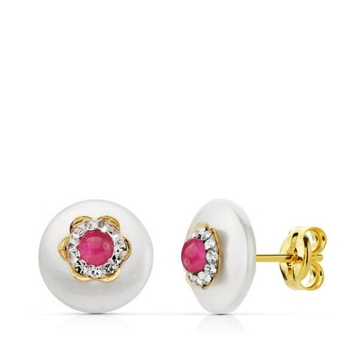 [P18778-RO] 18K PENDIENTES ORO AMARILLO NACAR 9 MM PIEDRA ROJA 3 MM PRESION