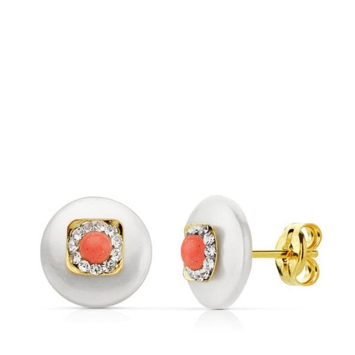 [P18779-C] 18K PENDIENTES ORO AMARILLO NACAR 9 MM CORALINA 3 MM PRESION