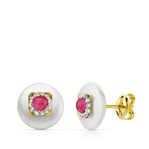 [P18779-RO] 18K PENDIENTES NACAR 9 MMPIEDRA ROJA 3 MM PRESION