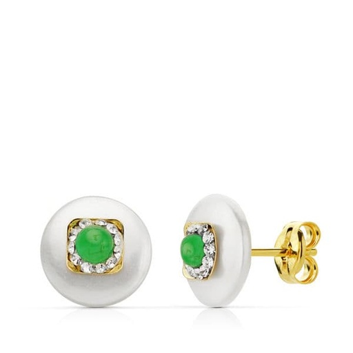 [P18779-VE] 18K PENDIENTES ORO AMARILLO NACAR 9 MM PIEDRA VERDE 3 MM PRESION
