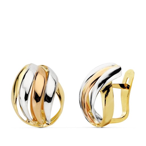 [P18787] 18K PENDIENTES TRICOLOR BANDAS 15X12 MM