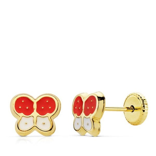 [P18791RO/BL] 18K PENDIENTES ORO AMARILLO MARIPOSAS 8X7 MM ROJOBLANCO