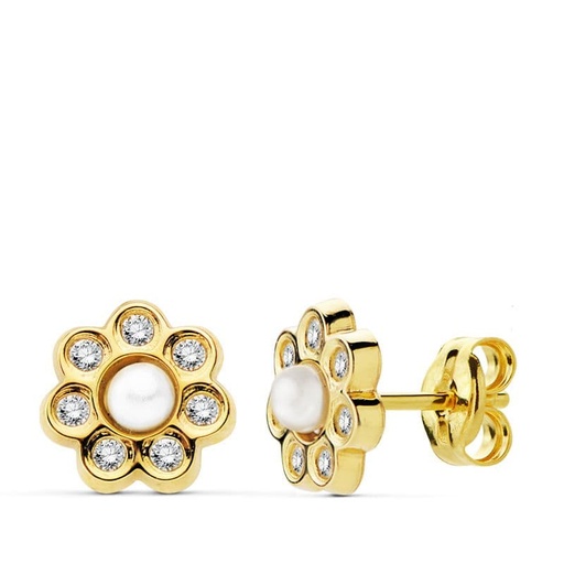 [P18801] 18K PENDIENTES ORO AMARILLO FLOR 7 MM PERLITA Y CIRCONITAS