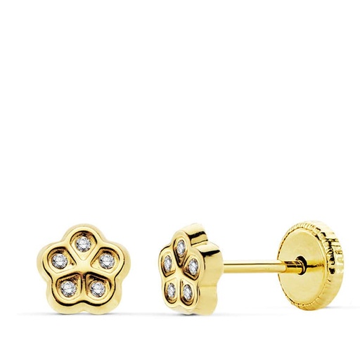[P18805] 18K PENDIENTES ORO AMARILLO FLOR CIRCONITAS 5.5 MMROSCA